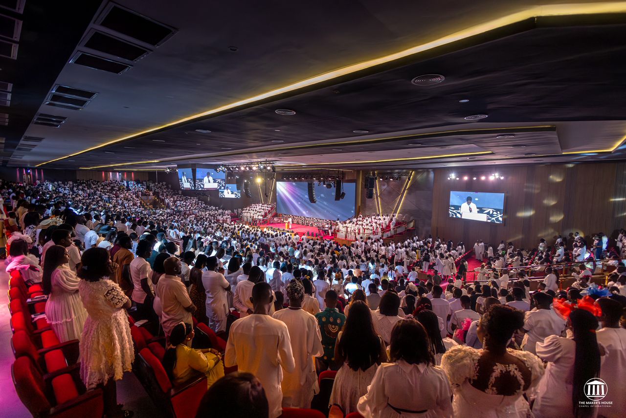 Congregation worshiping during service